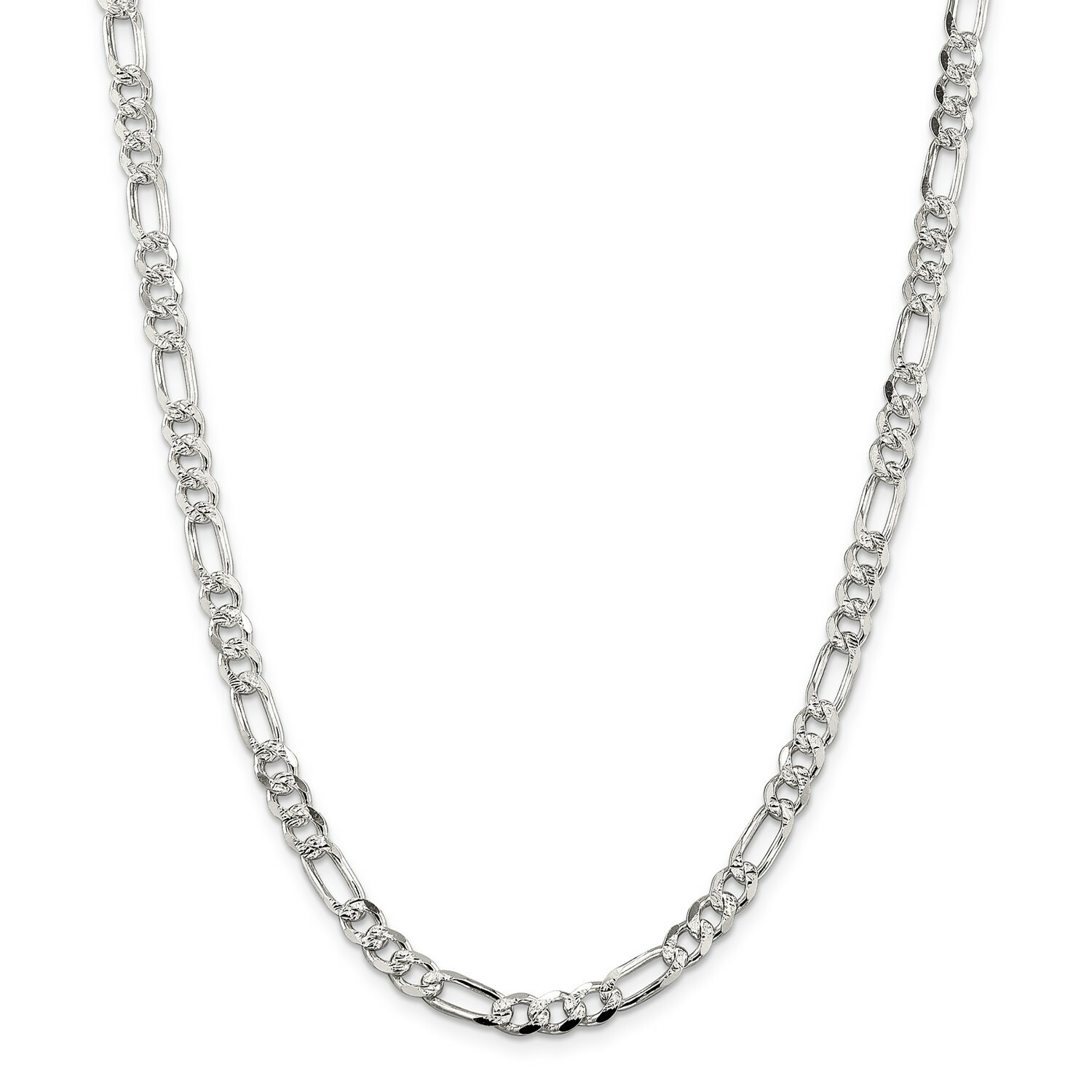 Sterling Silver 5.5mm Pave Flat Figaro Link Chain w/ Lobster Clasp 16″ – 30″