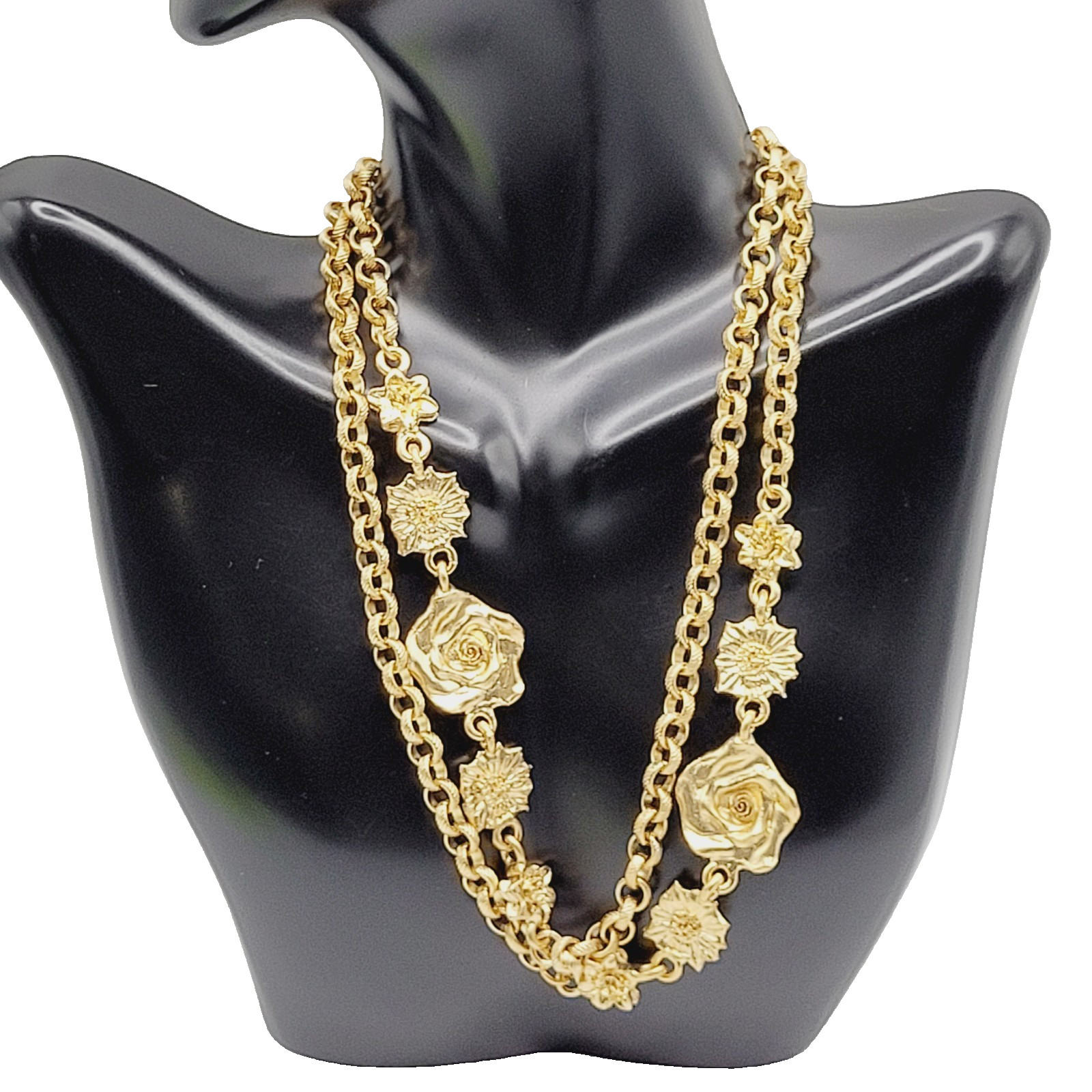 Unique Rose Floral Station Style Bright Gold Tone Sautoir Vintage Necklace Korea