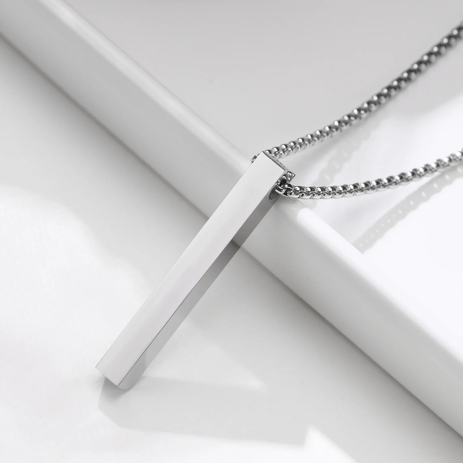 5mm Stainless Steel 3D Bar Pillar Pendant Necklace Men Women Unisex Casual