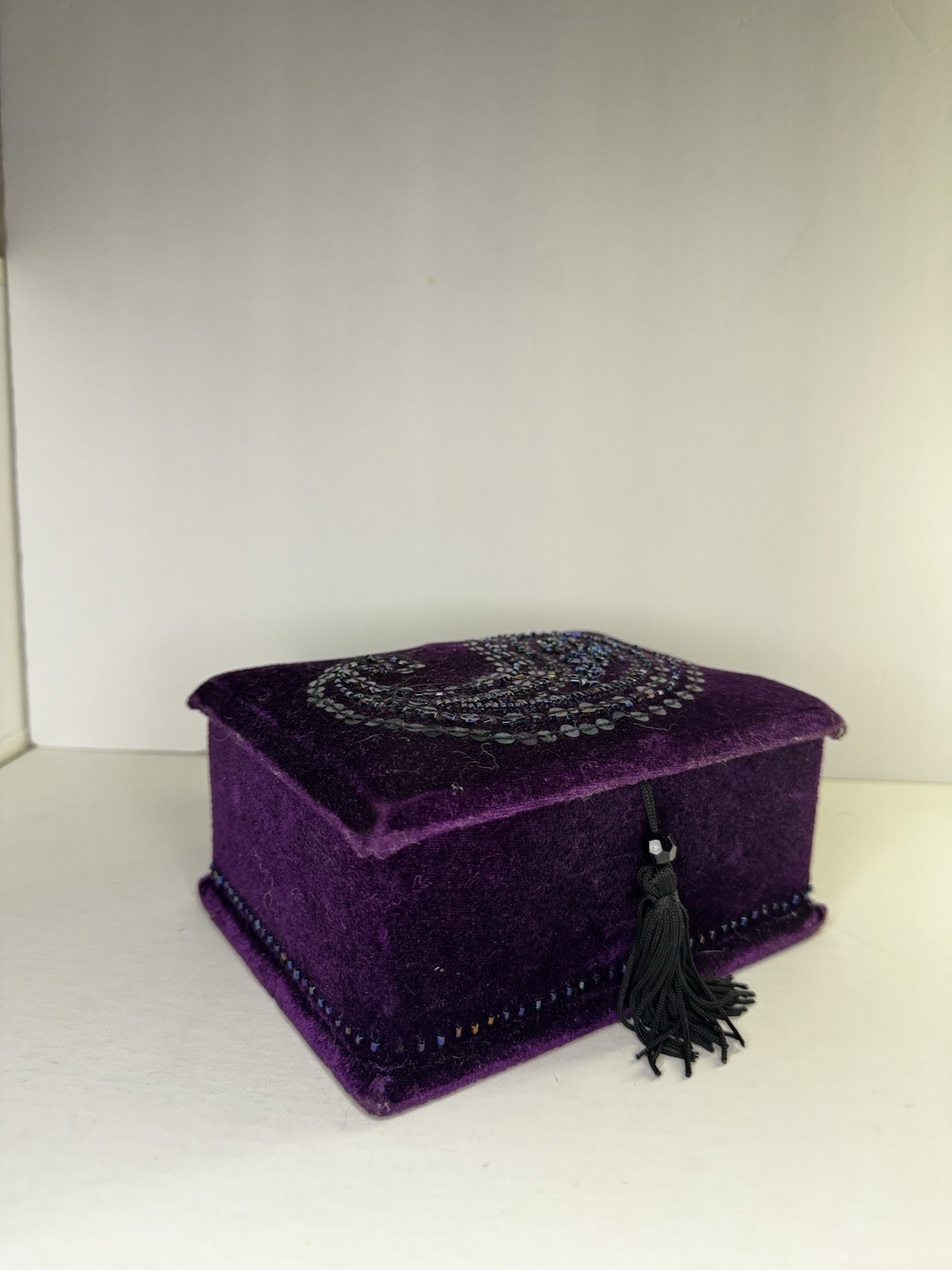 Vintage Purple Velvet Jewelry Box Mirror Drawer Ring Organizer Beaded Decor