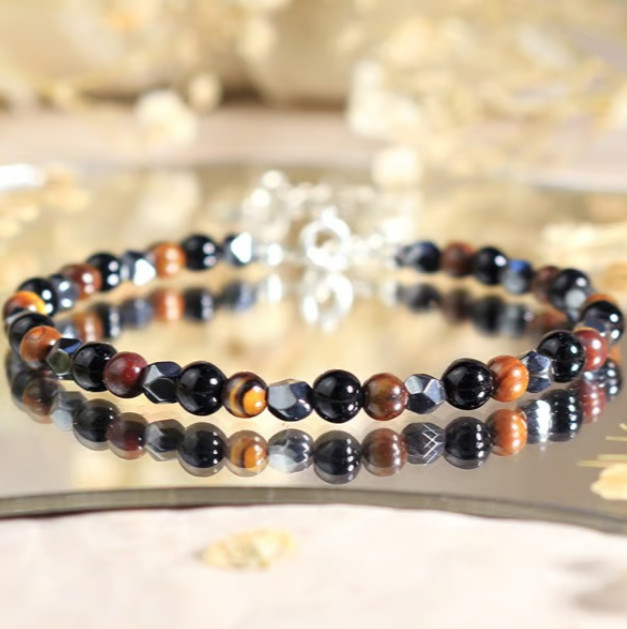 Tiger Eye Obsidian Hematite Bracelet – Triple Protection, Dainty Minimalist Bead