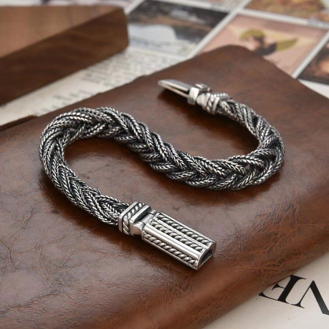 Pure S925 Sterling Silver Bracelet Women Men Vintage 10mm Bradiad Wheat Chain