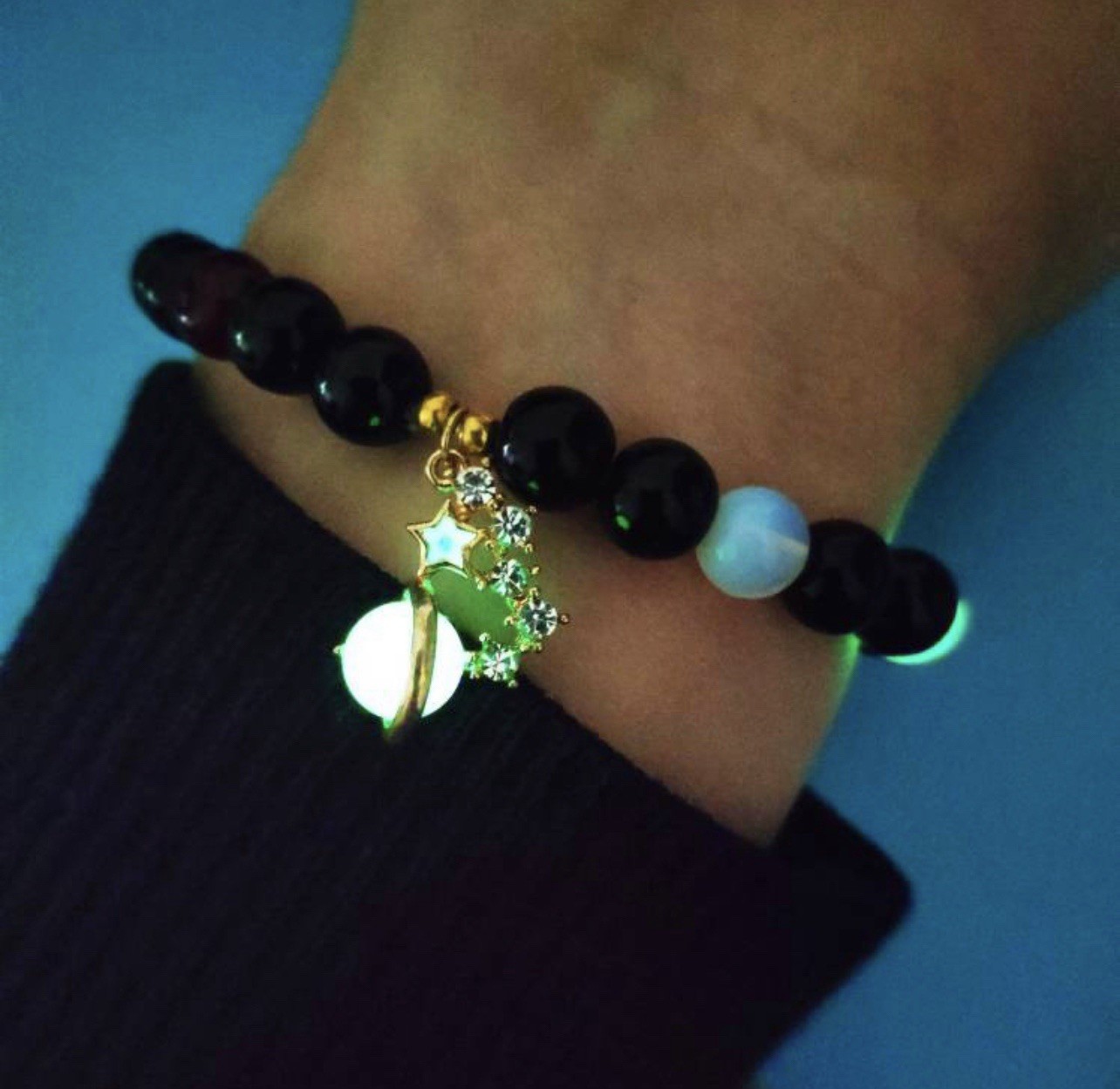 2Pcs Luminous Planet Star Beaded Bracelet Glow in The Dark Couple Bracelets