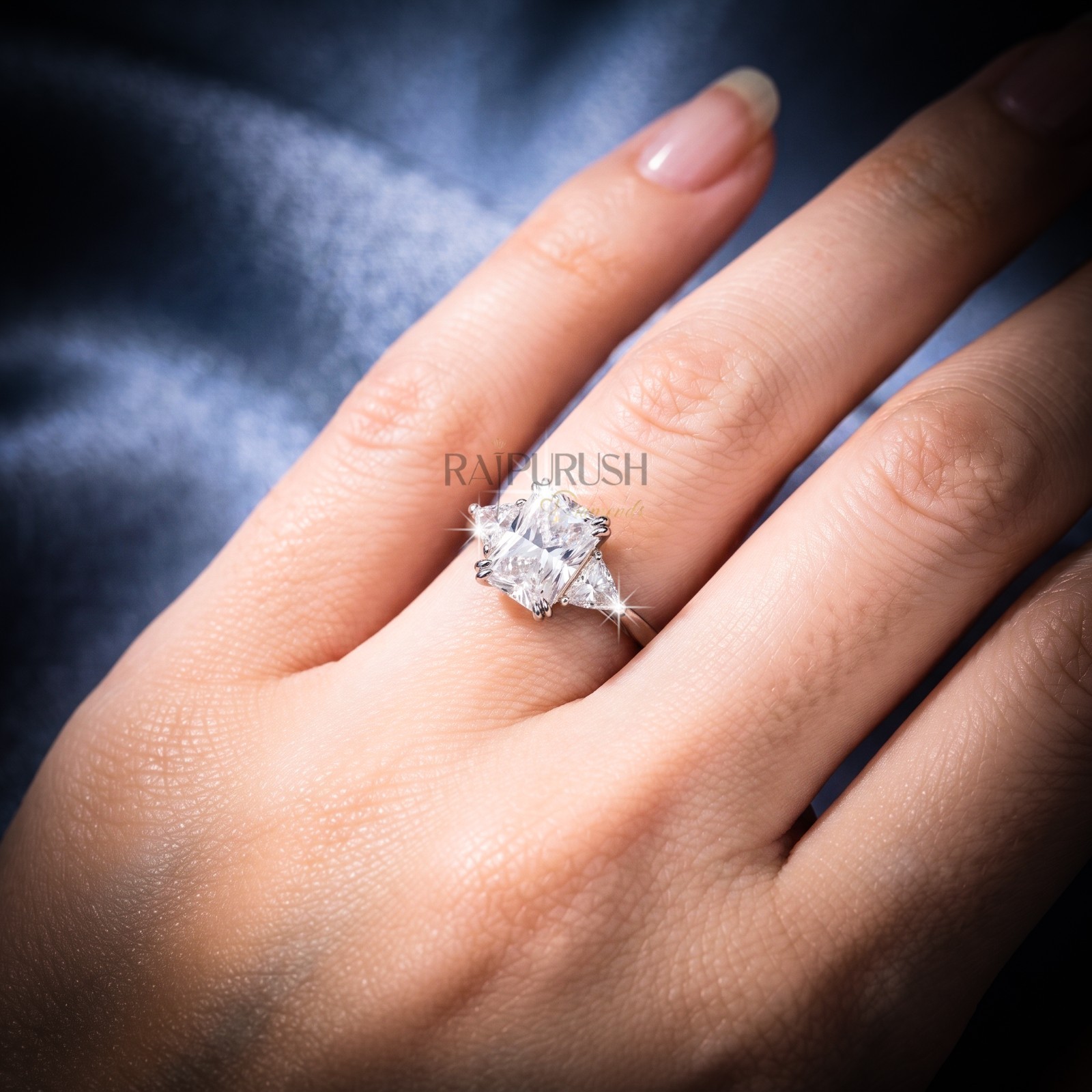Radiant Cut Moissanite Engagement Ring Triangle Side Stone 925 Silver Ring Women