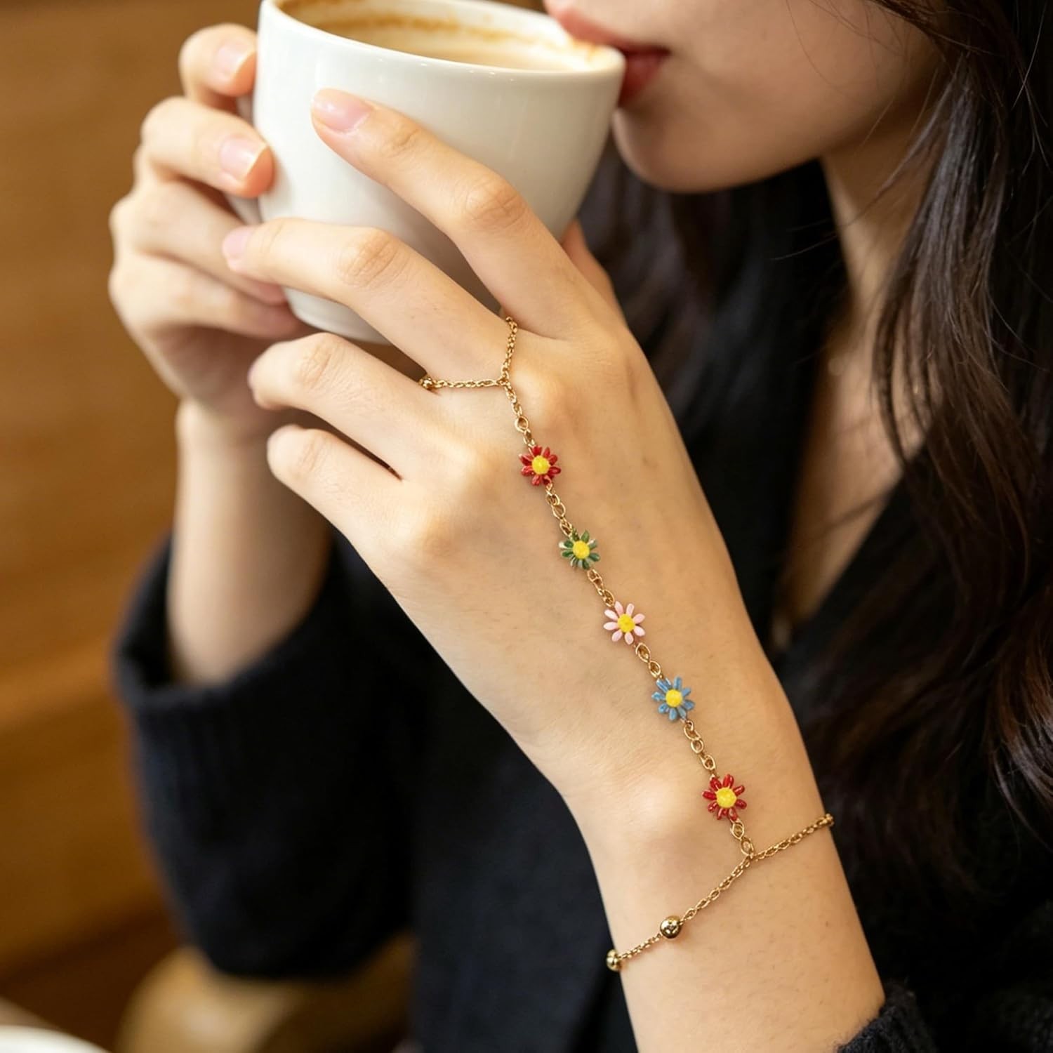 Versatile Set of 7 Adjustable 14K Gold Plated Hand Chain Bracelets for Women