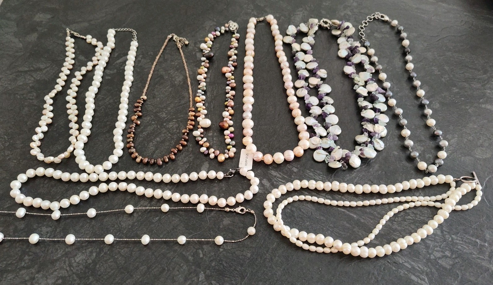 Lot 10 Assorted Genuine Pearl Necklaces – White Gray Brown – 2 With 925 Clasps