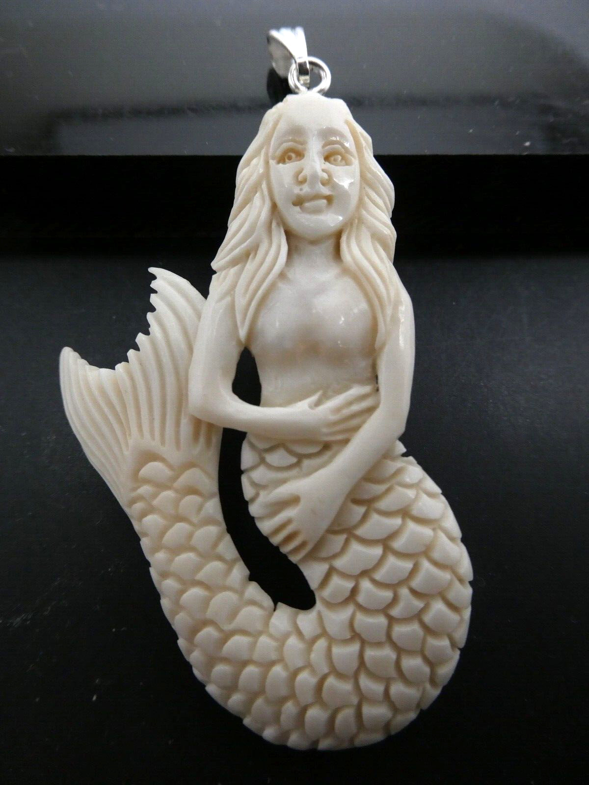 Siren Mermaid Silver Water Buffalo Bubalus Bubalis Carved Bone Pendant & Cord