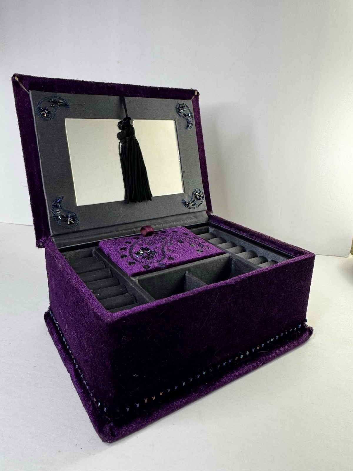 Vintage Purple Velvet Jewelry Box Mirror Drawer Ring Organizer Beaded Decor