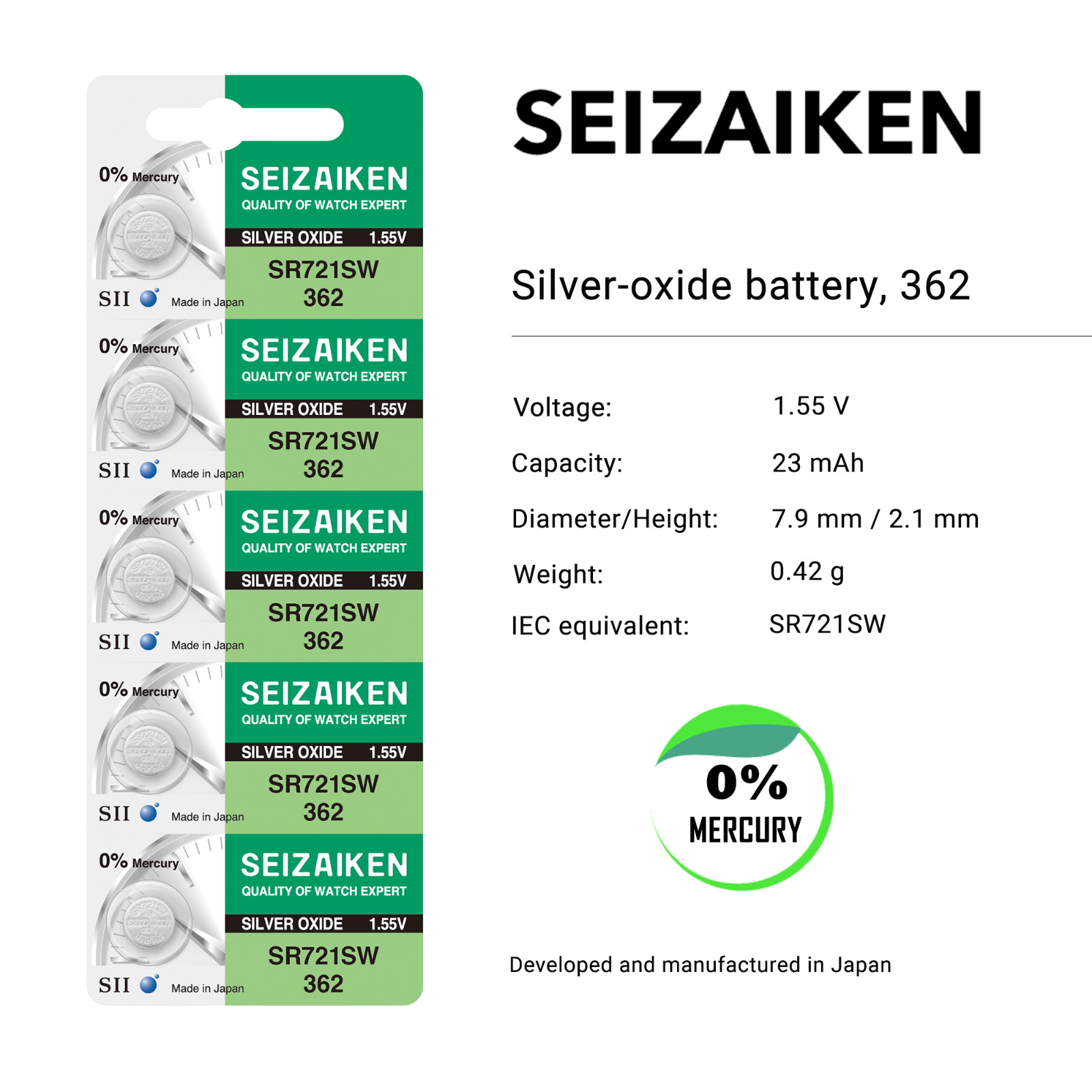 Seizaiken 362 SR721SW 1.55V 0%Hg Silver Oxide Watch Battery (10 Batteries)