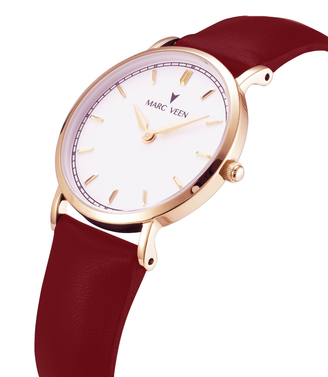 Ladies’ Watch Leather Strap Red Wristwatch Quartz Watch Rose Gold Rose Gold Stick Indices