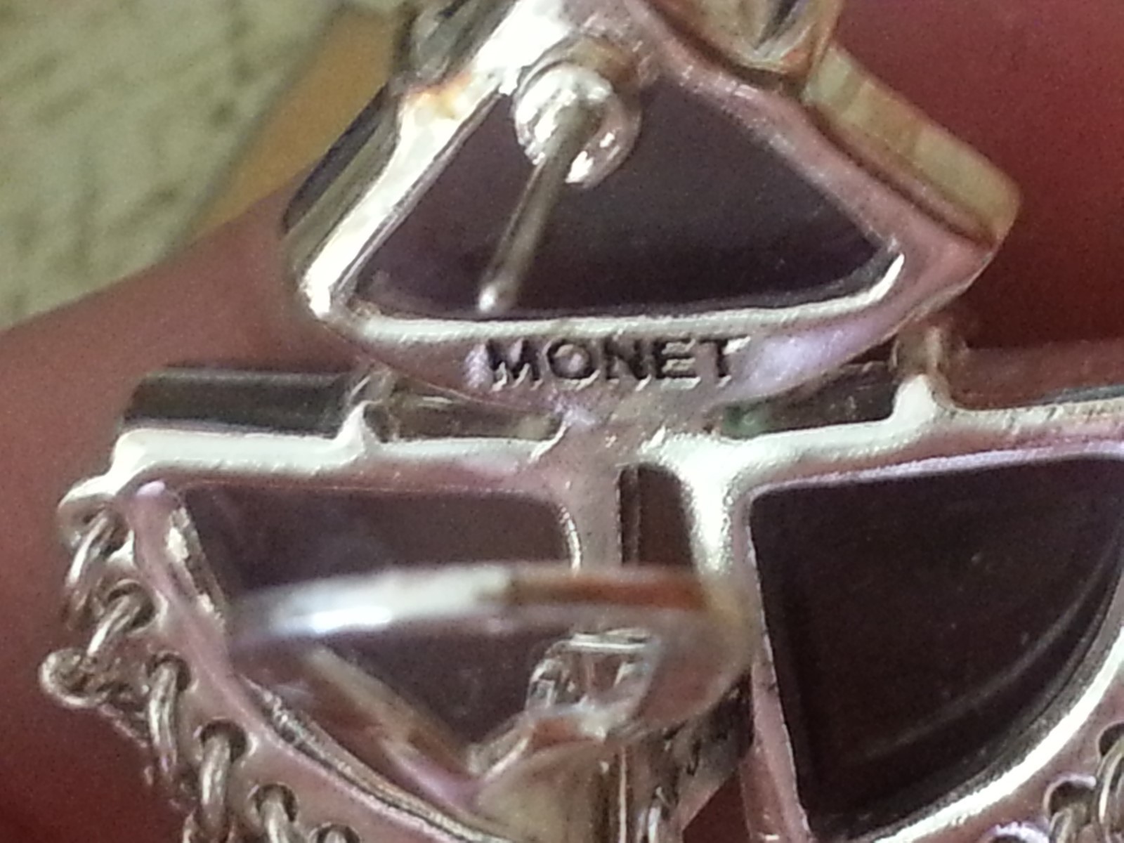 Monet Silver Plated Chain Swag & Three Triangle Amethyst Stones Pierced E’rings