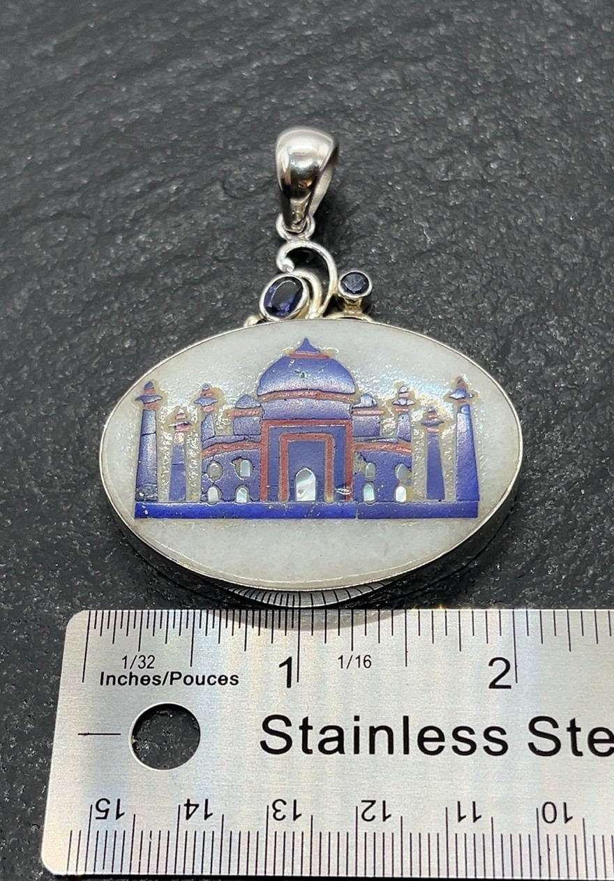Arya 925 Sterling Silver Taj Mahal Druzy, MOP Multi-Stone Pendant + 30” Chain