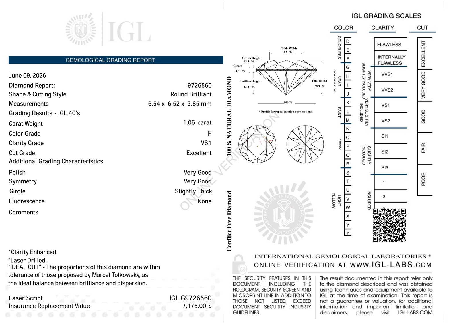 Certified 1.06 Carat F VS1 Round Brilliant Natural Enhanced Loose Diamond 6.54mm