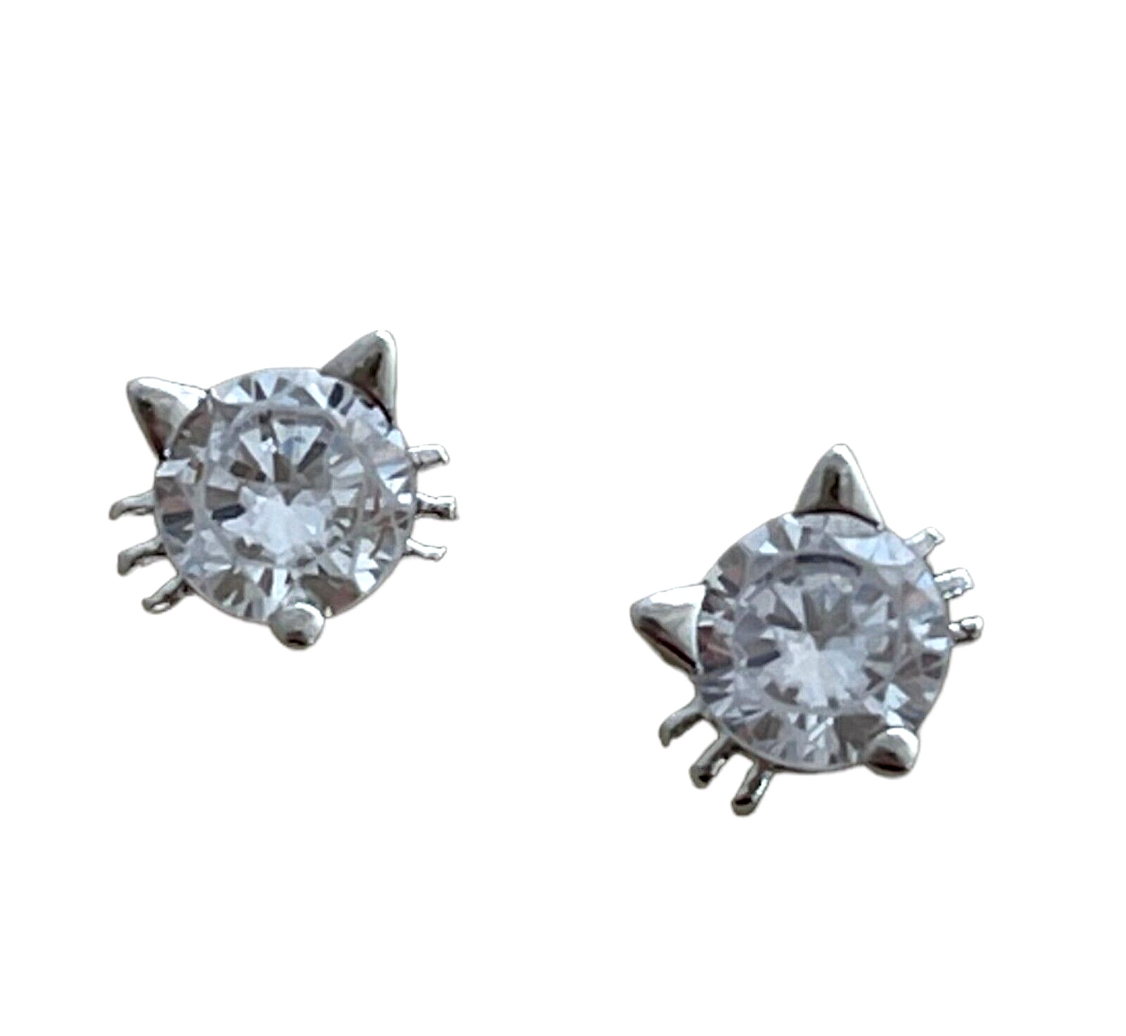 Cat Earrings Solitaire Pierced Stud Kitty Head Whiskers Silver Cubic Zirconia
