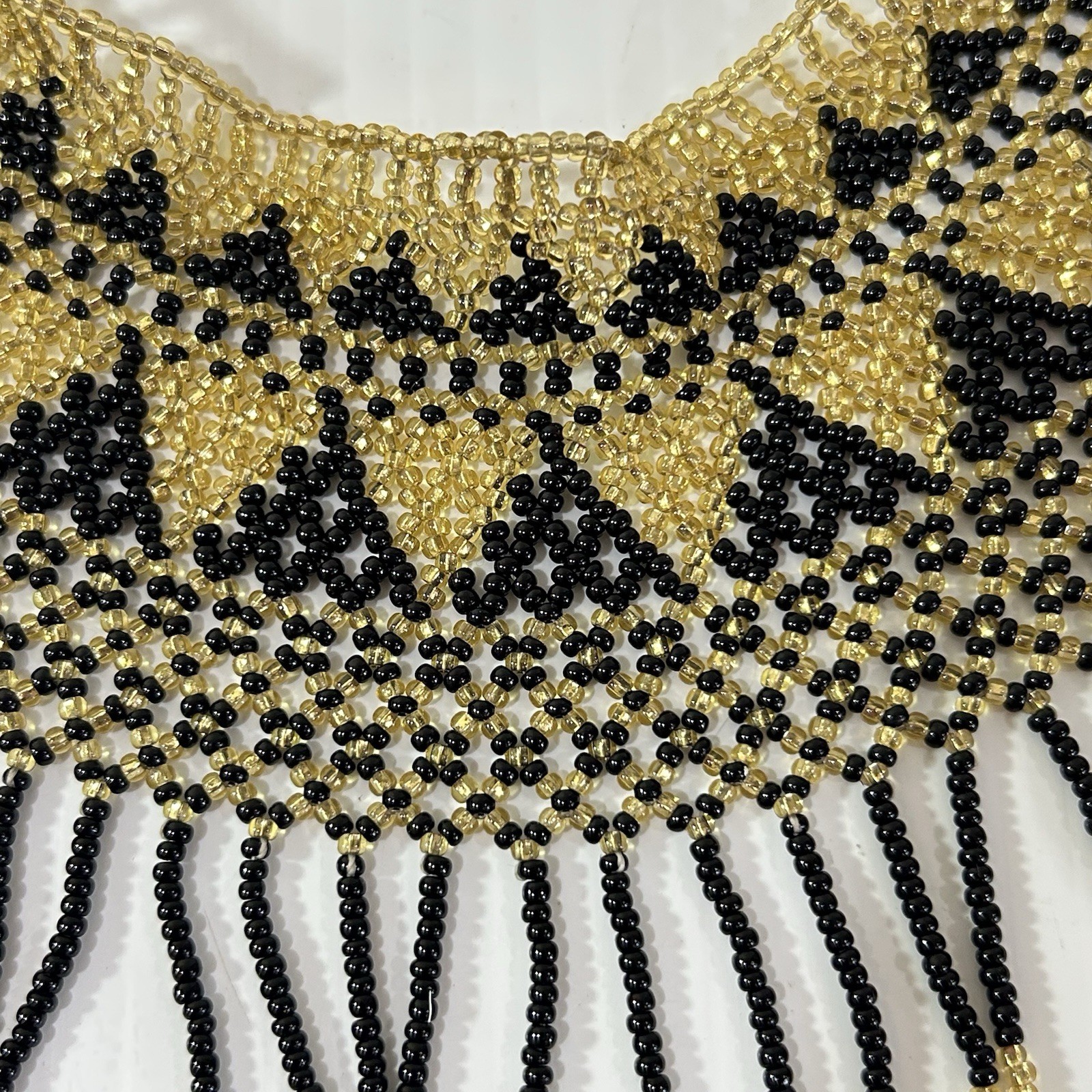 Handcrafted Sead Bead Collar Choker Necklace Black Gold Fringe Statement Jewelry