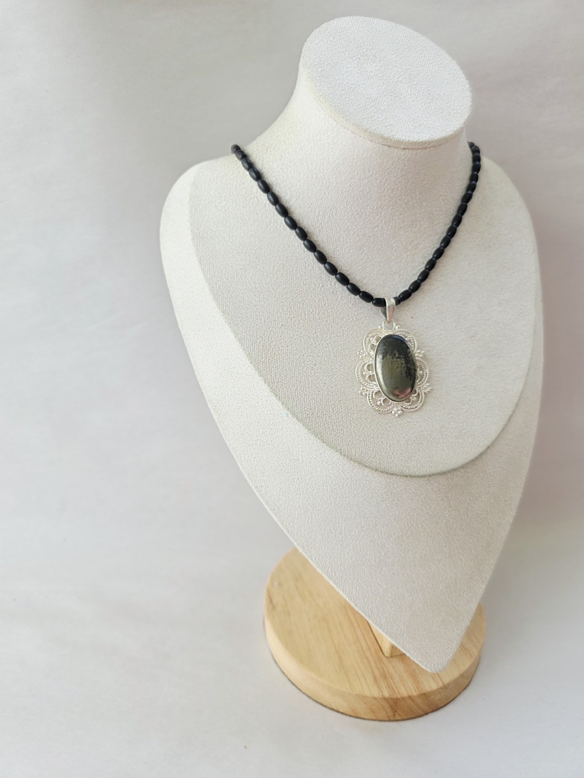Artisan Handmade black onyx Pyrite Necklace Clasp Signed Silver 925 goth regal