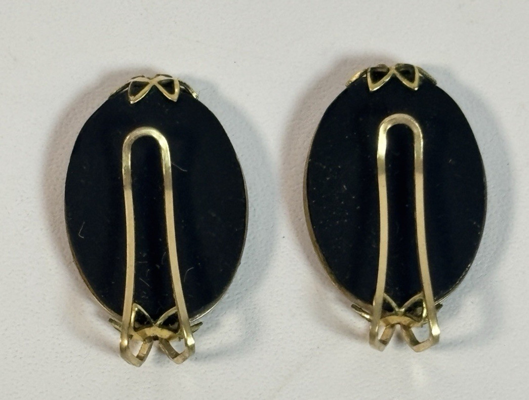 Vintage Hillcraft Black Oval Rhinestone Flower Basket Clip On Earrings Box READ