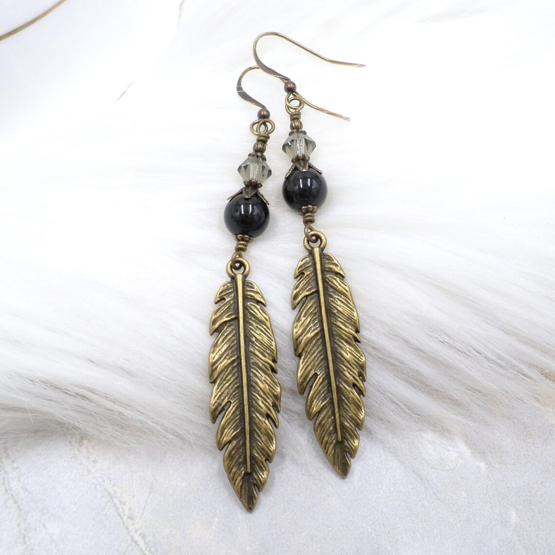 Boho Earrings, Antique Brass Feather with Black Faux Pearls & Crystal Jewelry
