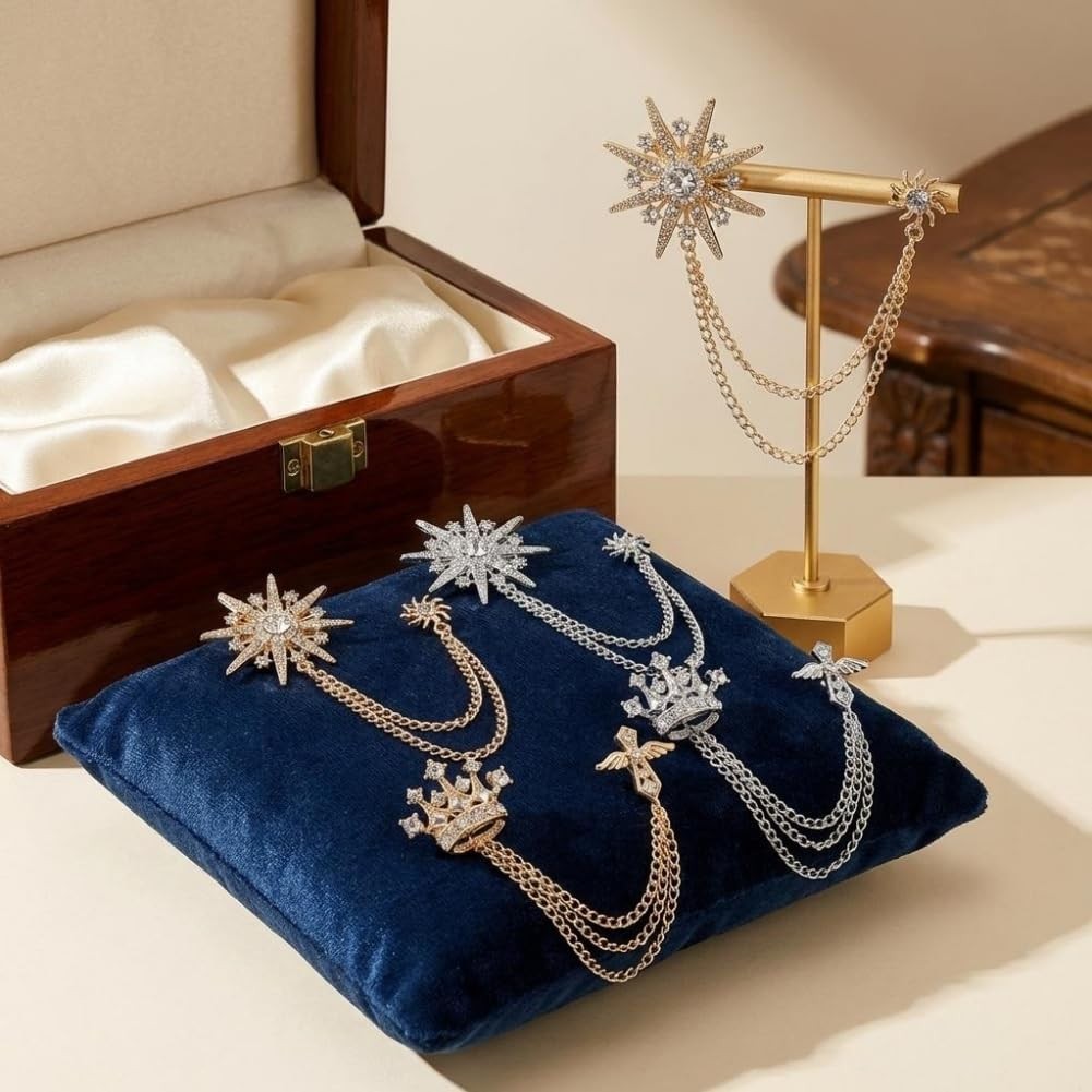 Crystal Men’s Crown Star Hanging Chain Brooch Suit Pin with Crystal Chains and