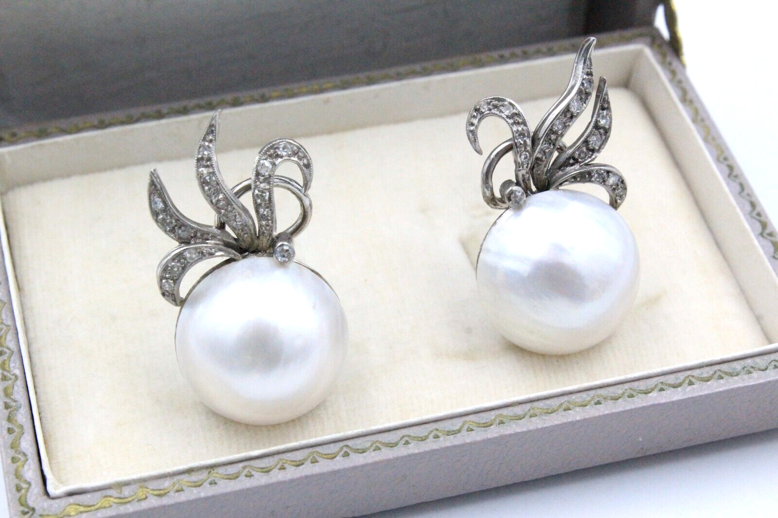 Antique Art Deco Palladium Diamond Mabe Pearl Earrings