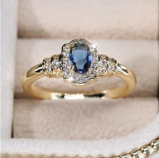 Blue Sapphire Style CZ Ring Gold Tone Halo Size 7 Elegant Engagement Look
