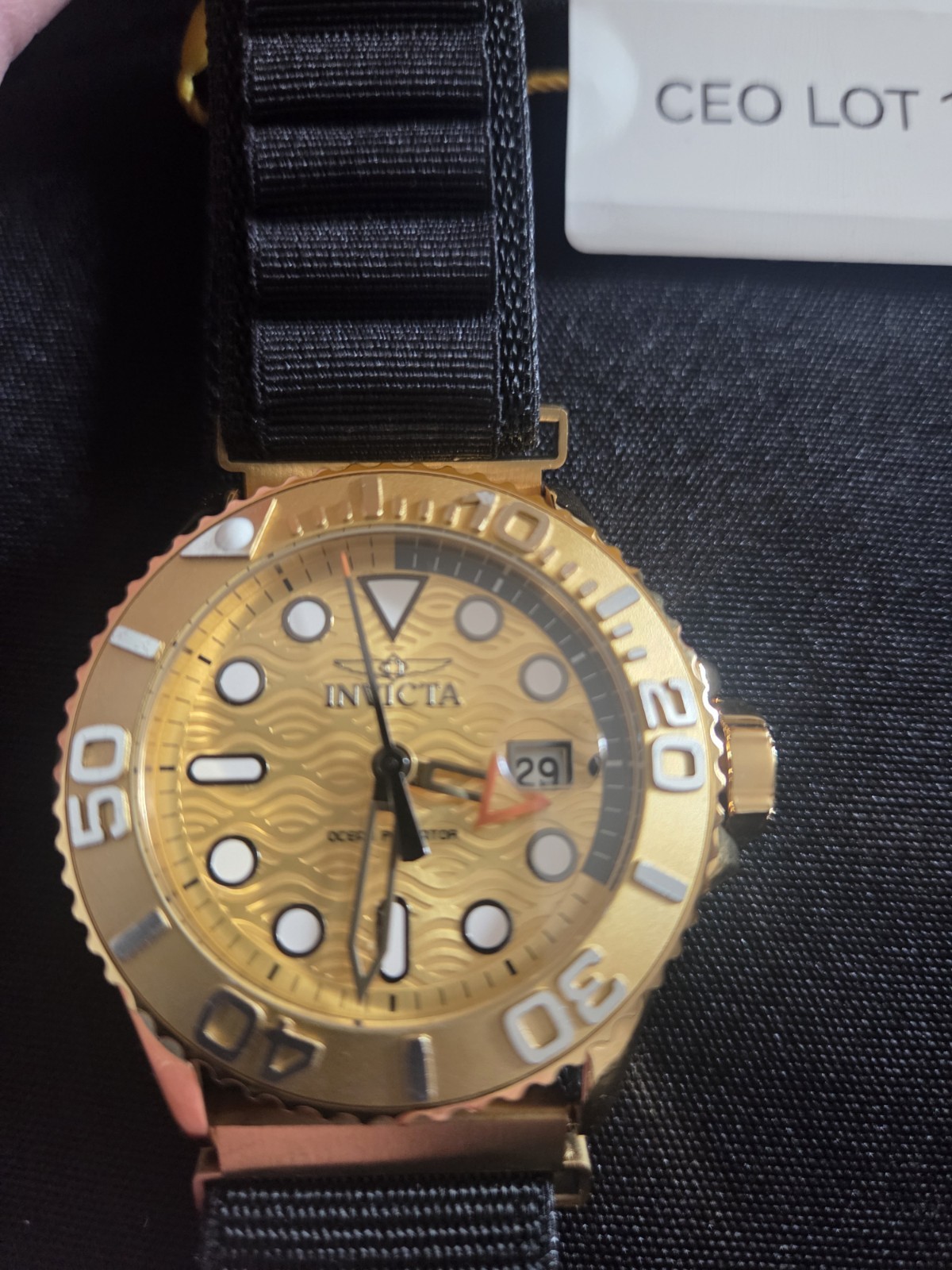 Invicta Ocean Predator Quartz Diver Watch Gold Tone Date Black NATO w/ Box