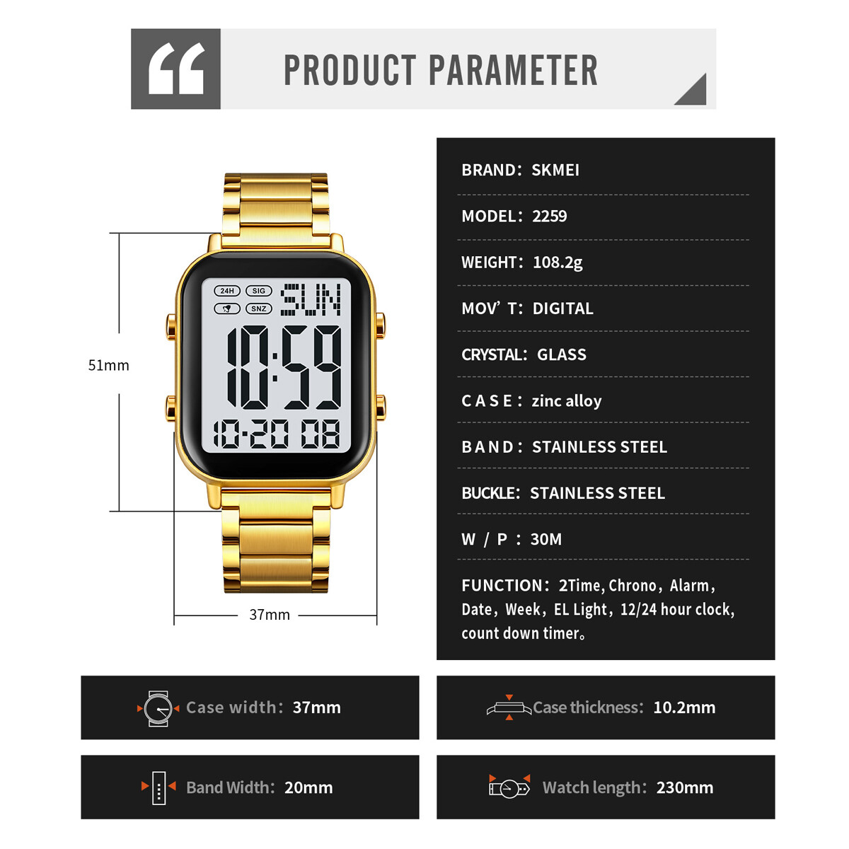 NEW Men Watch Rectangle Digital Wristwatch Full Steel Electronic Digital Watch