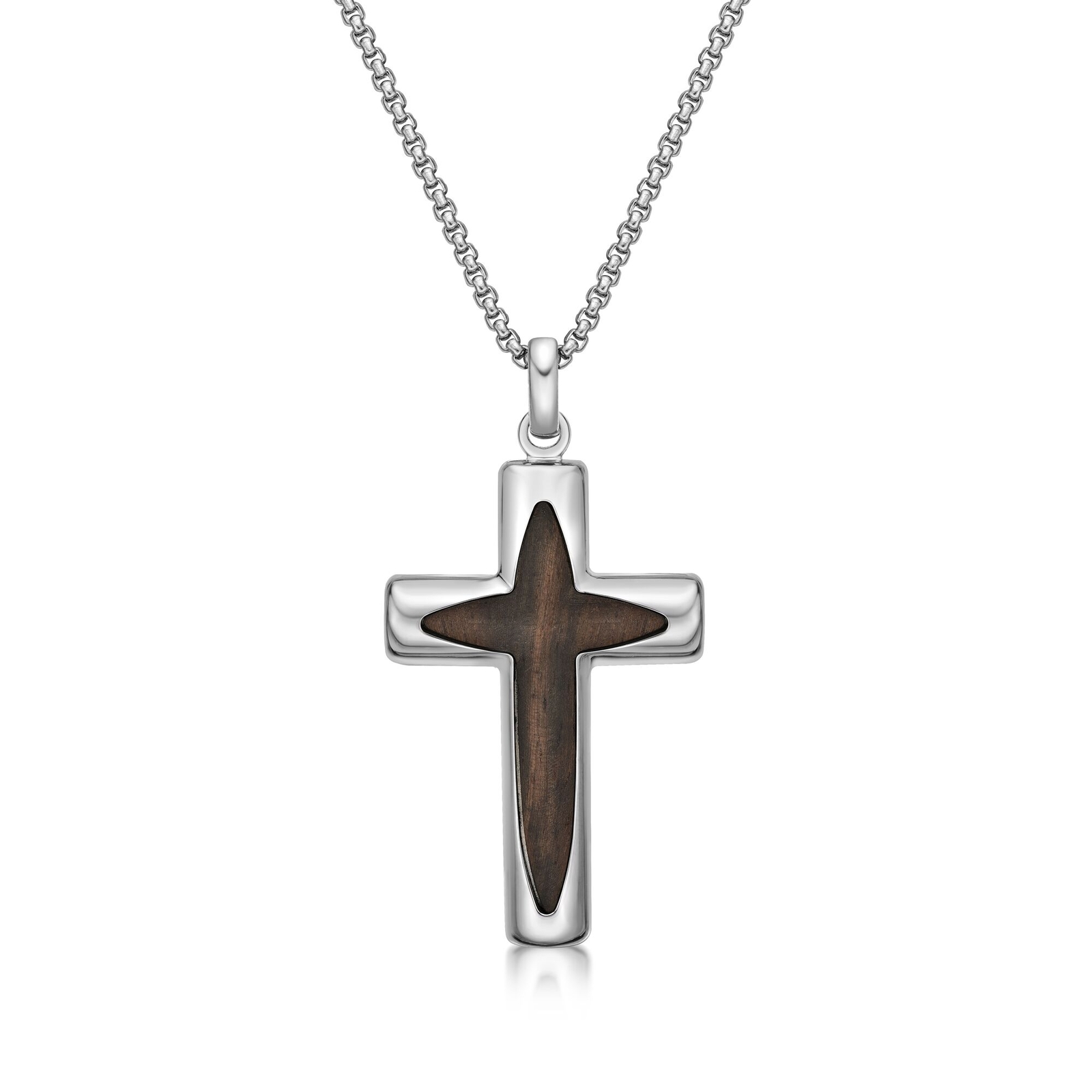 Stainless Steel and Wood Cross Pendant – 24 Inch Round Box Chain
