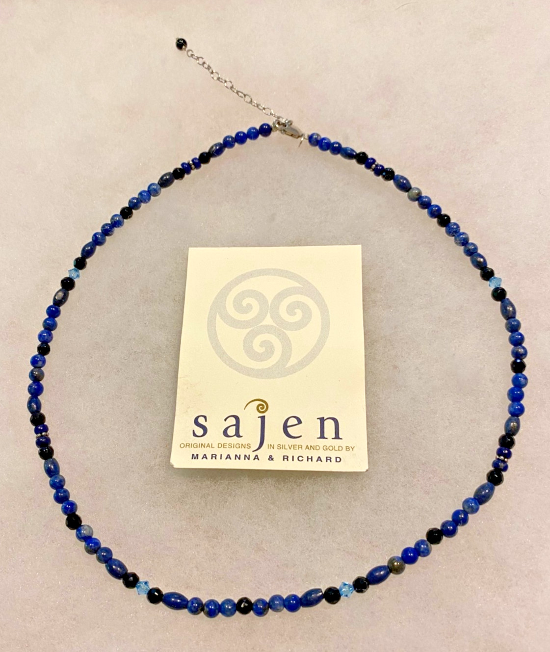 Sajen Lapis, Onyx and Blue Crystal Necklace – 18 In. Long with 2 In. Extender