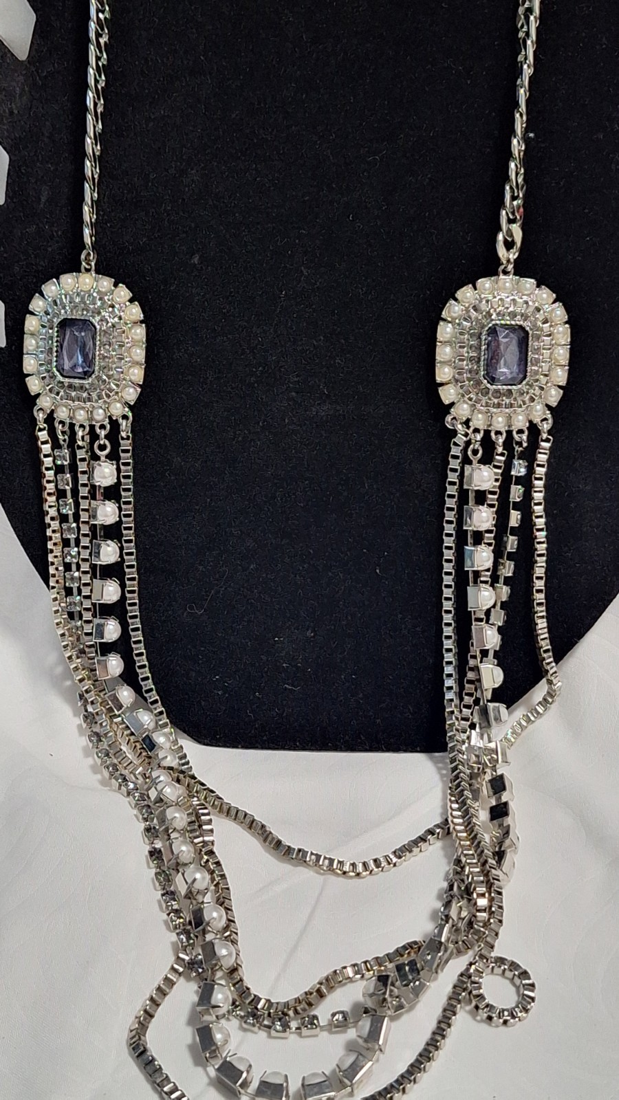 Silver Tone Layered Cable Chain Necklace Blue Rectangle Crystal Faux Pearl