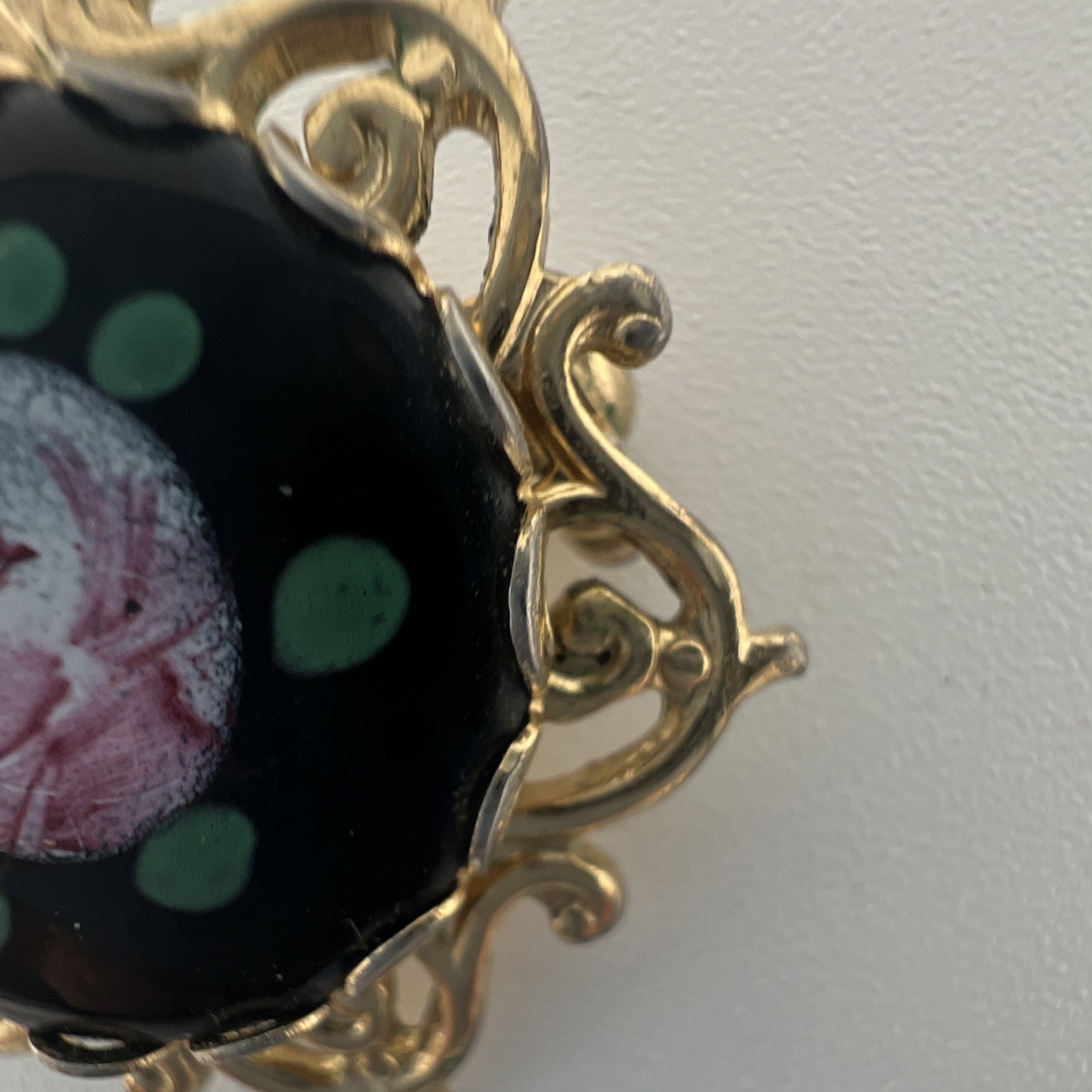 Pink Black Green Guilloche Enamel Painted Flower Gold Tone Metal Brooch Vintage