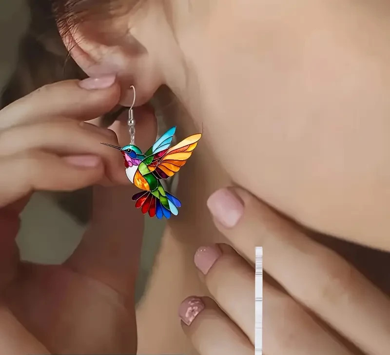 1 Pair, Charming and Cute Colorful Hummingbird Acrylic Earrings