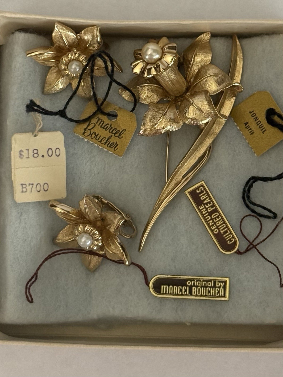 Vintage 1964 Marcel Boucher Jonquil Daffodil Brooch Earring Set Box Tags 8692
