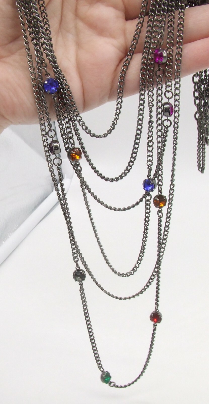 26″ Multi-strand Black Plated Multi-color Crystal Chain Necklace 8″ Deep Fuchsia
