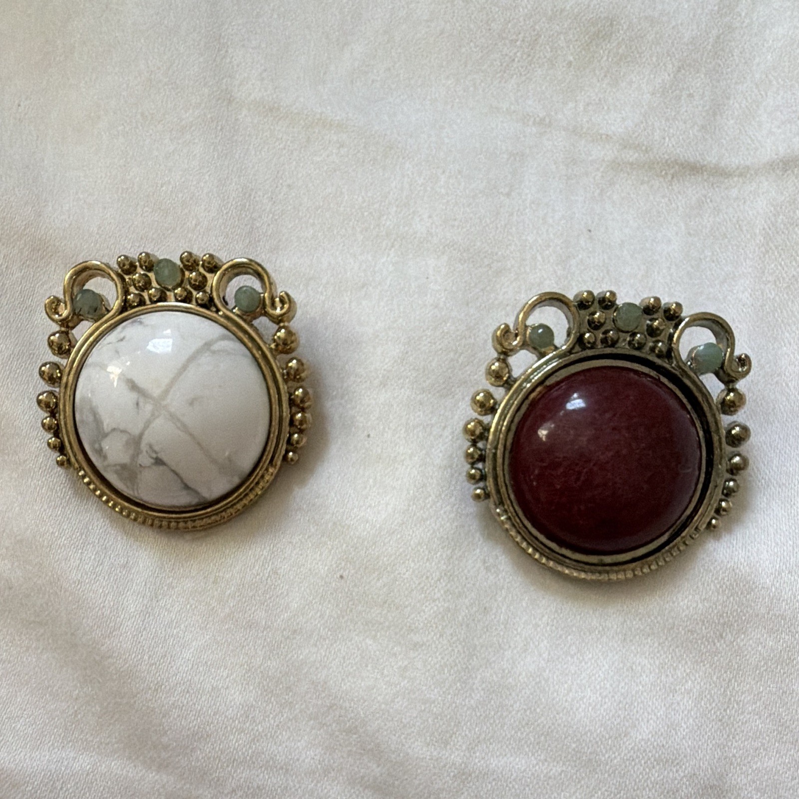 Lot of 2 Gold Tone Round Cabochon Brooch Pins White & Red Synthetic gemstones.
