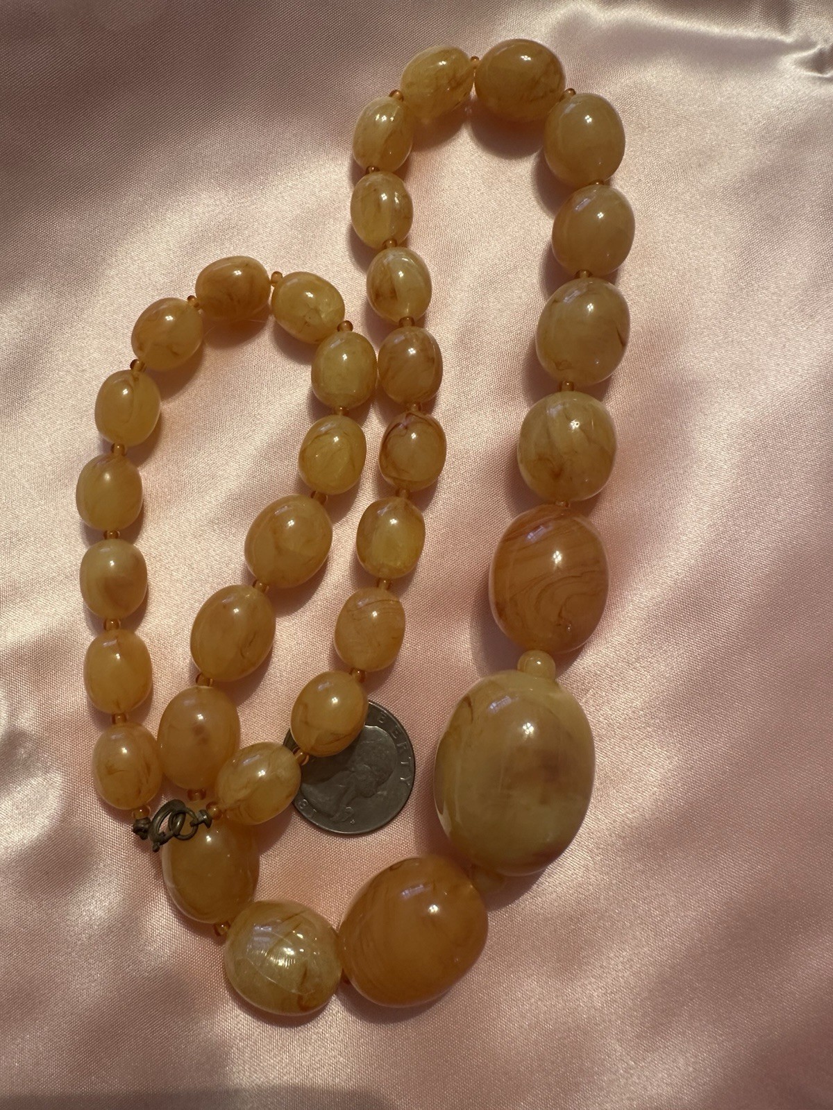 Antique Egg Yolk Translucent Lucite Beaded Necklace • 24” Graduated • 82g Estate