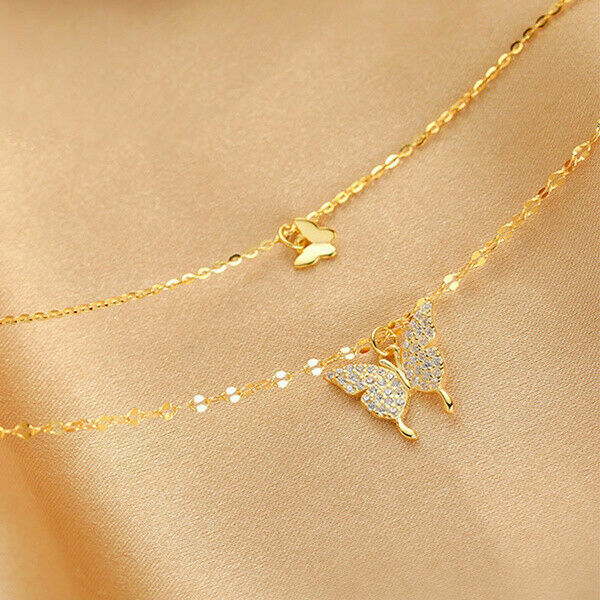 925 Silver Double Layer Butterfly Pendant Clavicle Chain Necklace Womens Jewelry