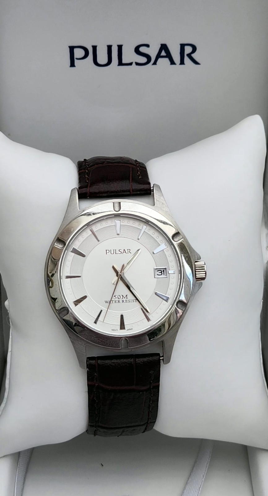 Pulsar mens watch Date , Easy To Read, Brown Leather, WR 50m. (A4)