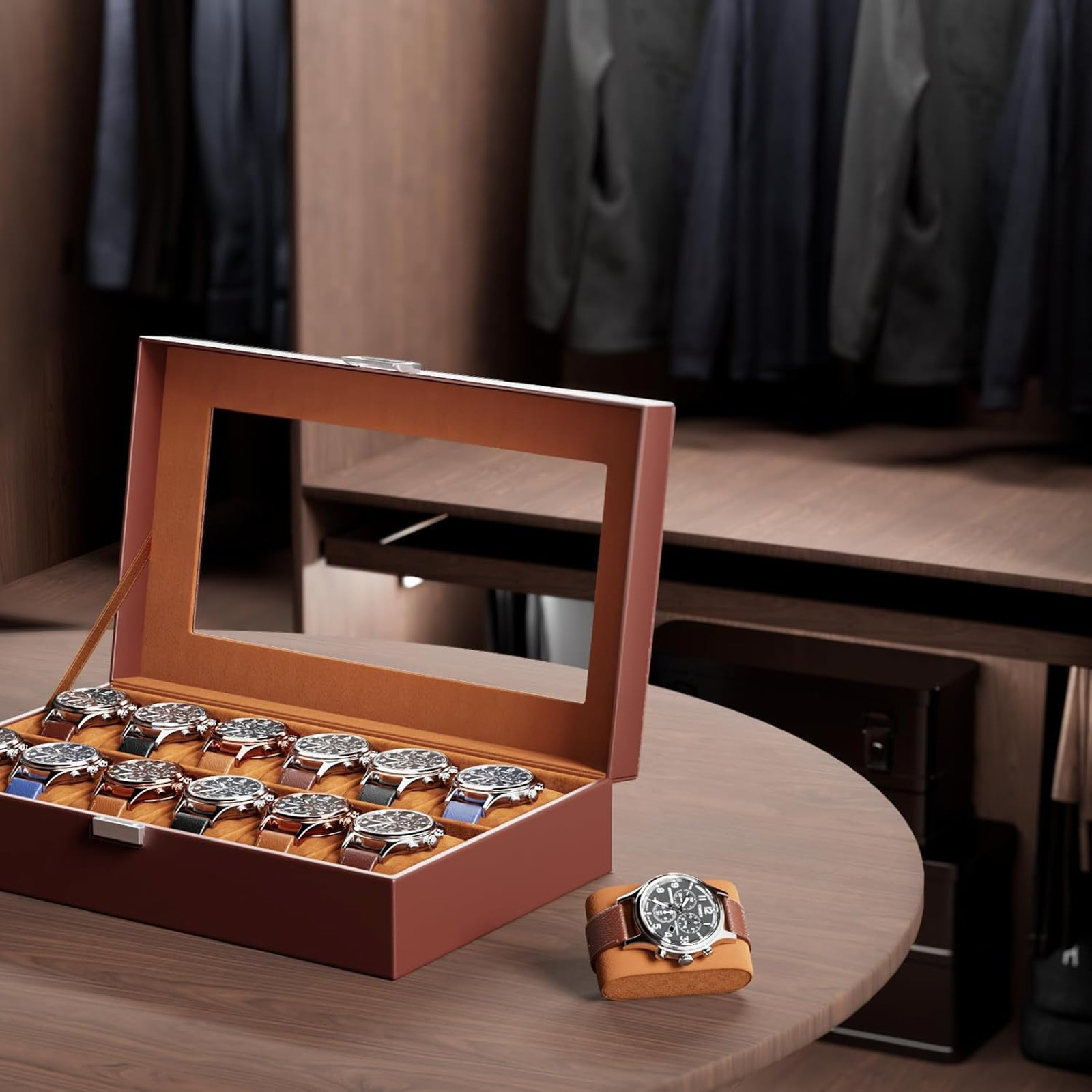 Watch Organizer Box with Glass Lid, 12 Slot Watch Display Case in Brown