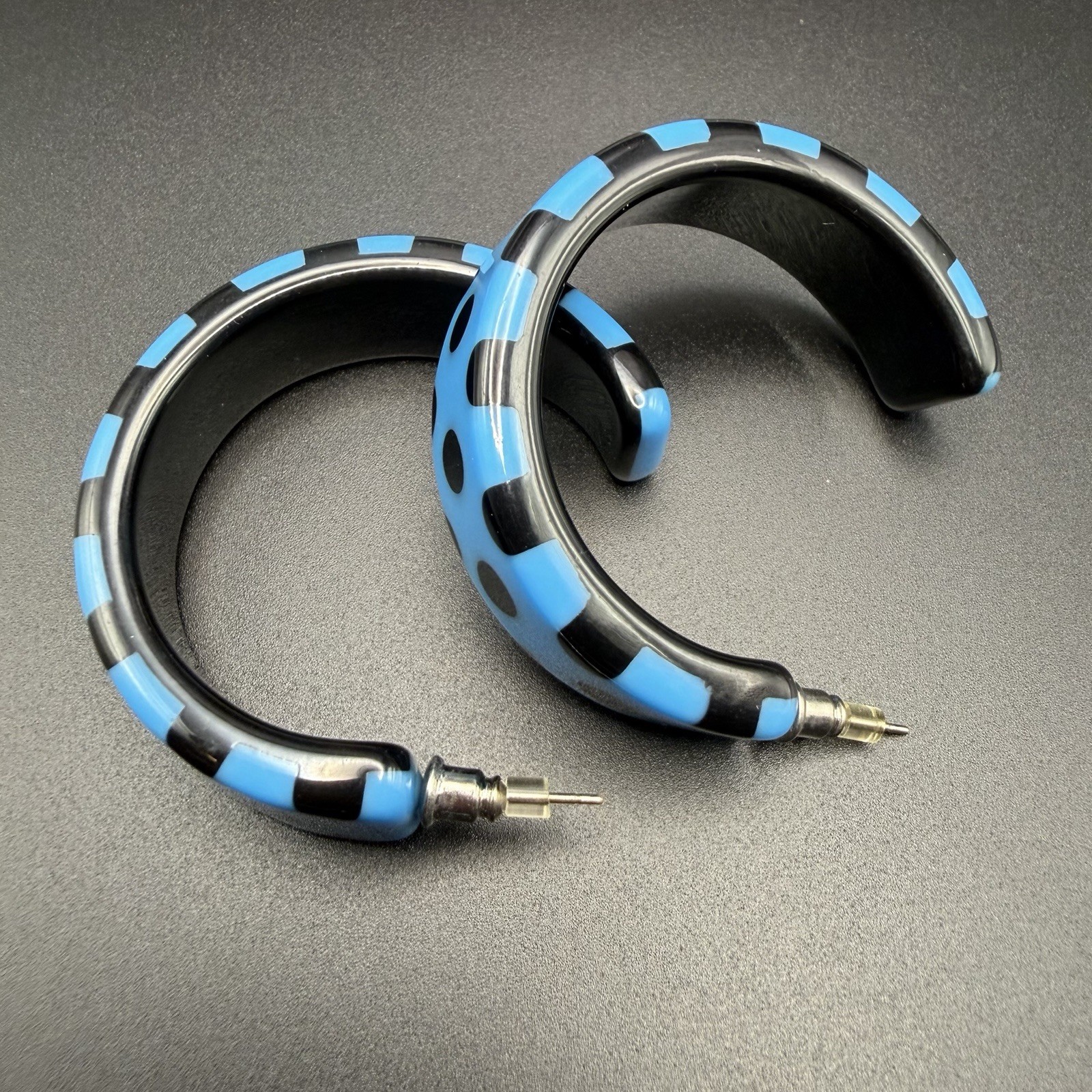 Vintage Black Blue Checkered Hoop Earrings Polka Dot Plastic Resin 1980s Retro