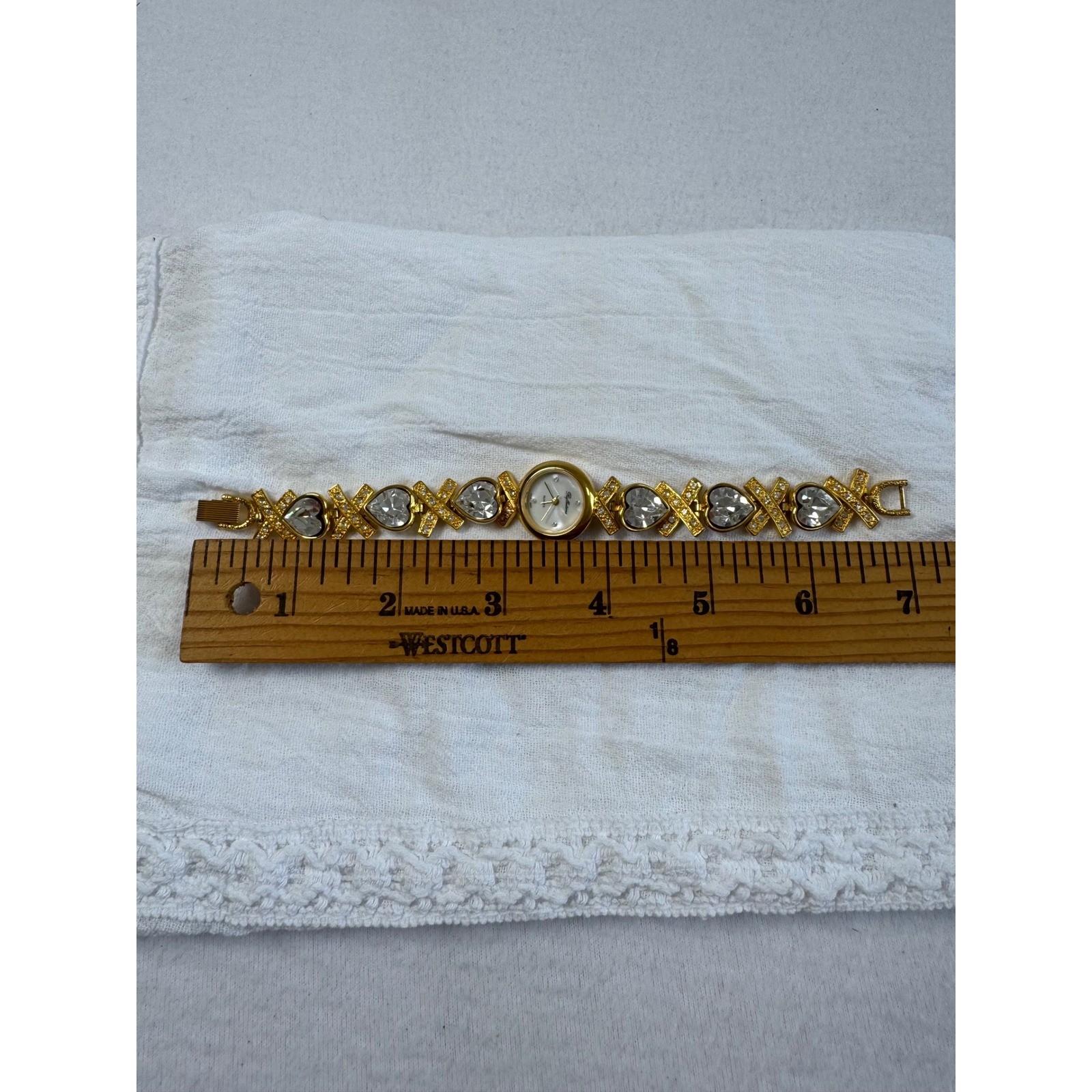 Vintage Reflections Women 7.25in Bracelet Watch Gold Heart Crystal X Links
