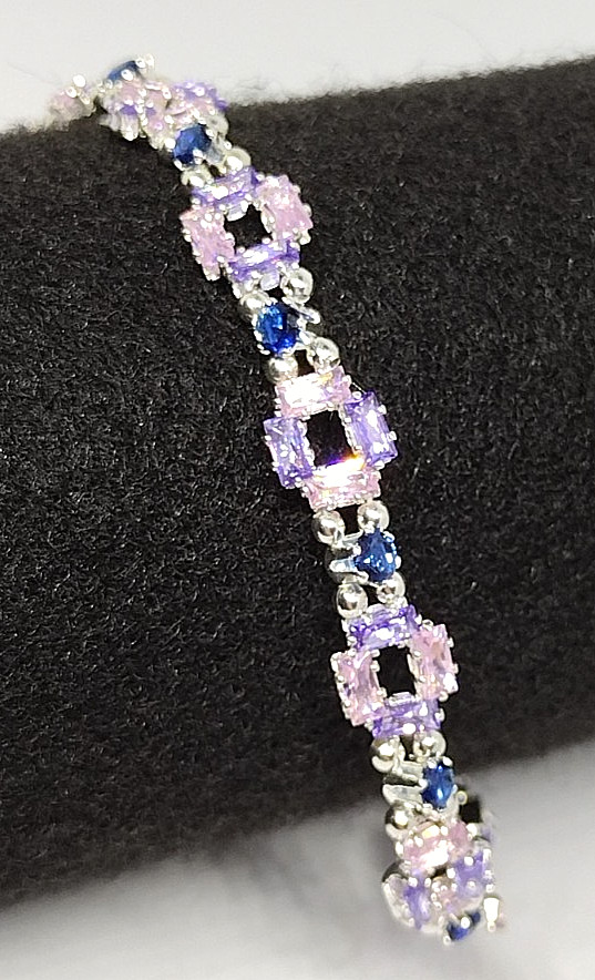 7 1/2 inch Bracelet Box Shape- Pink,Lavender 2x4mmCZ-3mm Royal Blue Round Beads.