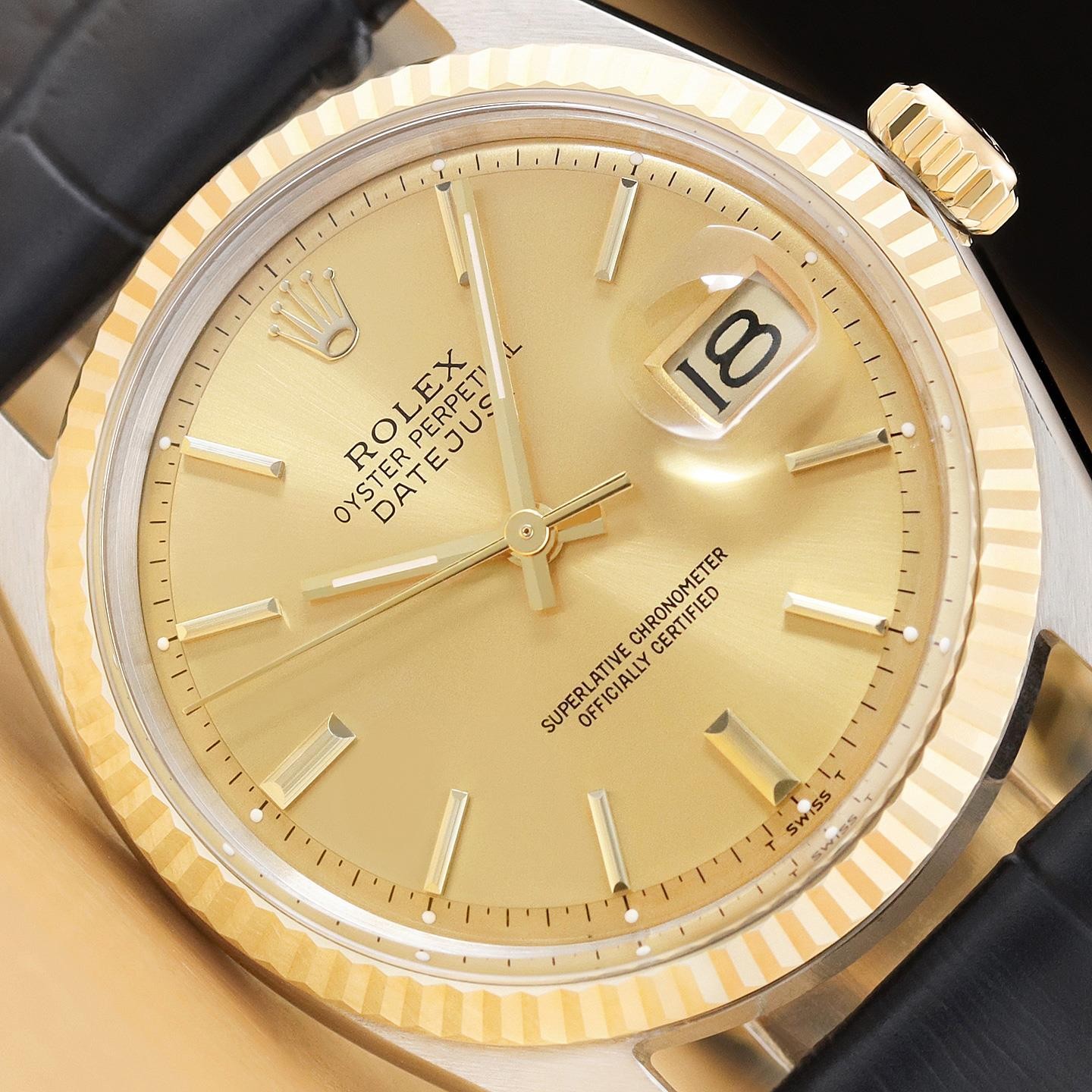 ROLEX DATEJUST 1601 14K YELLOW GOLD STEEL CHAMPAGNE DIAL BLUE LEATHER BAND WATCH