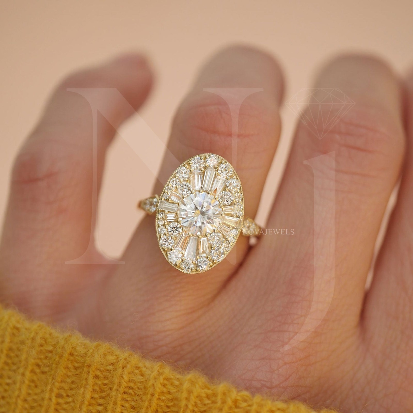 1 CT Round Cut Halo Moissanite Engagement Ring 14K Yellow Gold Plated For Women