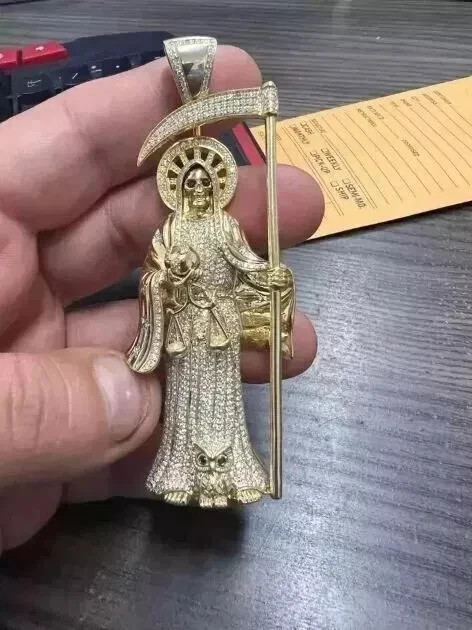 3.00 Ct Round Cut Moissanite Men’s Santa Muerte Pendant 14K Yellow Gold Plated