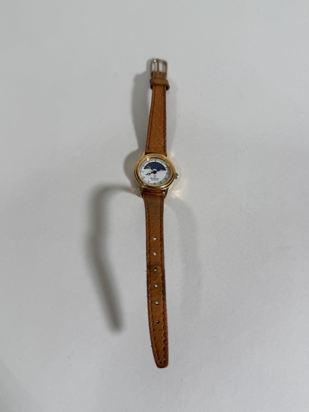 VTG Armitron Quartz Watch Women Moon Phase Gold Tone Leather Analog