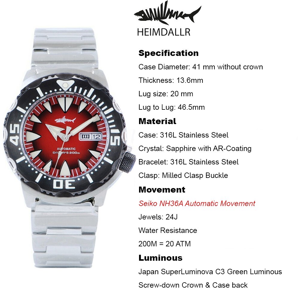 Heimdallr Sharkey Ocean Monster NH36A Day Date Automatic 200m Dive Watch C3 316L