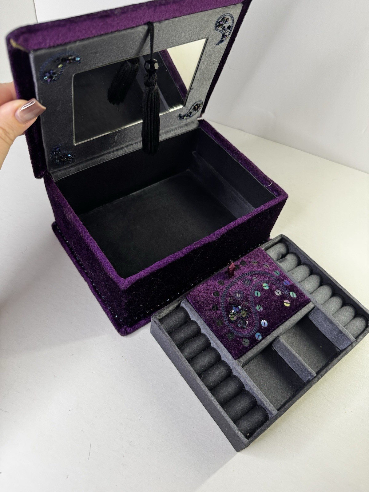 Vintage Purple Velvet Jewelry Box Mirror Drawer Ring Organizer Beaded Decor