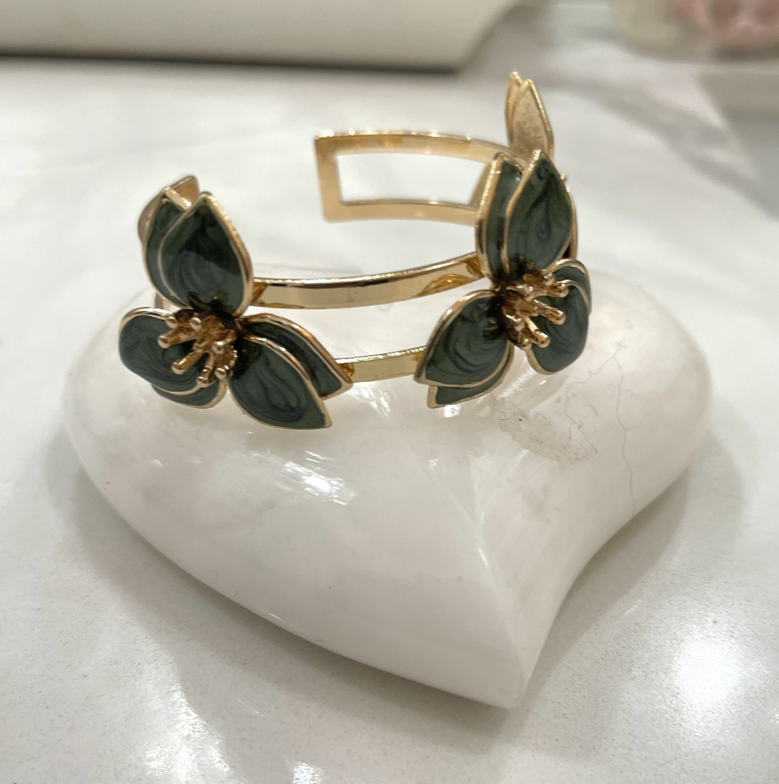 Gold Tone Green Enamel Flower Cuff Bracelet Adjustable Nature Theme