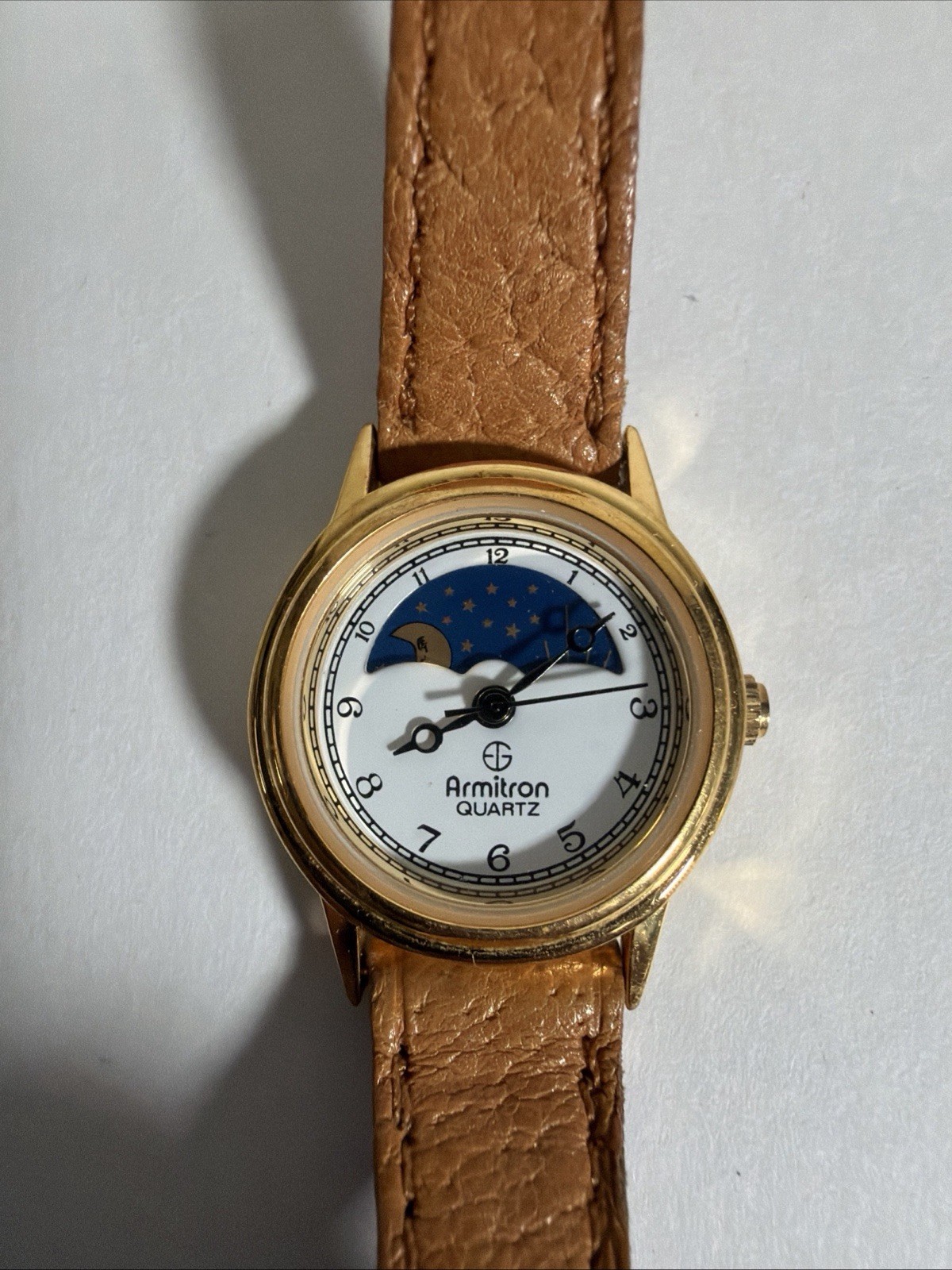 VTG Armitron Quartz Watch Women Moon Phase Gold Tone Leather Analog